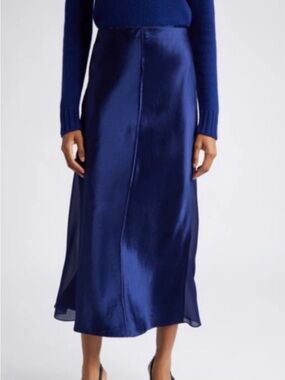 NWOT Vince Satin Sheer-Paneled Slip Skirt in Blue Caspian